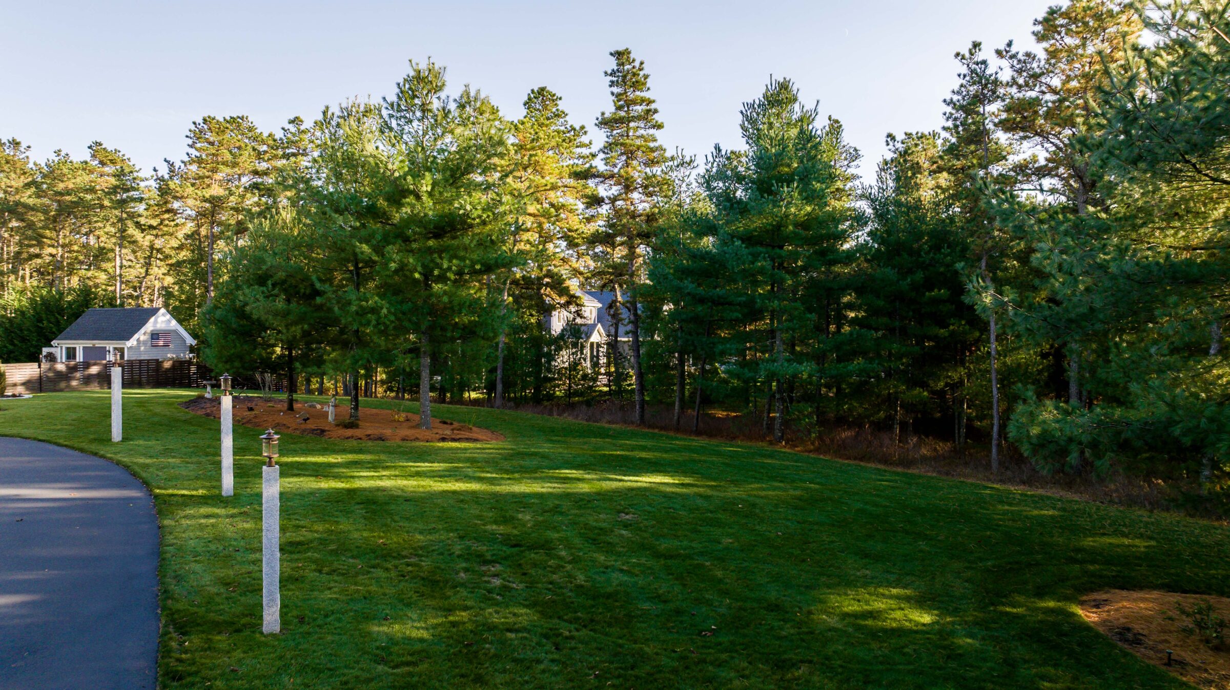 A neatly mowed lawn leads to a small house surrounded by tall pine trees, under a clear blue sky.