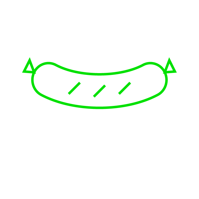 A simple illustration of a green sausage on a fork, emitting steam, set against a light background. Perfect for grilling themes.