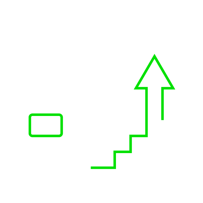Stick figure person with a briefcase walking up stairs, green arrow indicating upward progress or career advancement. Simple, minimalist design.
