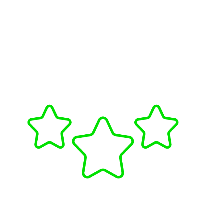 A neon green outline of a thumbs-up is surrounded by three stars, representing a positive rating or feedback symbol.