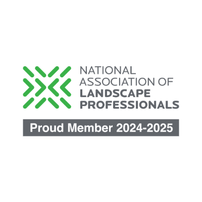 The image displays a logo for the National Association of Landscape Professionals, indicating "Proud Member 2024-2025" with green and gray elements.