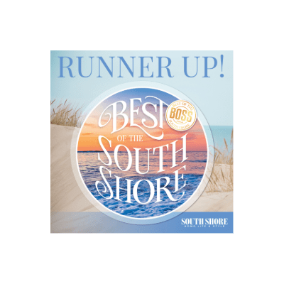 "Runner Up" graphic featuring "Best of the South Shore," depicting a coastal scene with beach grass and sunset over the ocean.
