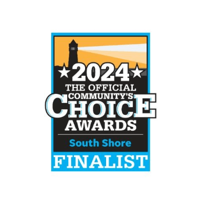 Logo of the 2024 Community Choice Awards, South Shore finalist. Features a lighthouse and stars on a blue, orange, and black background.
