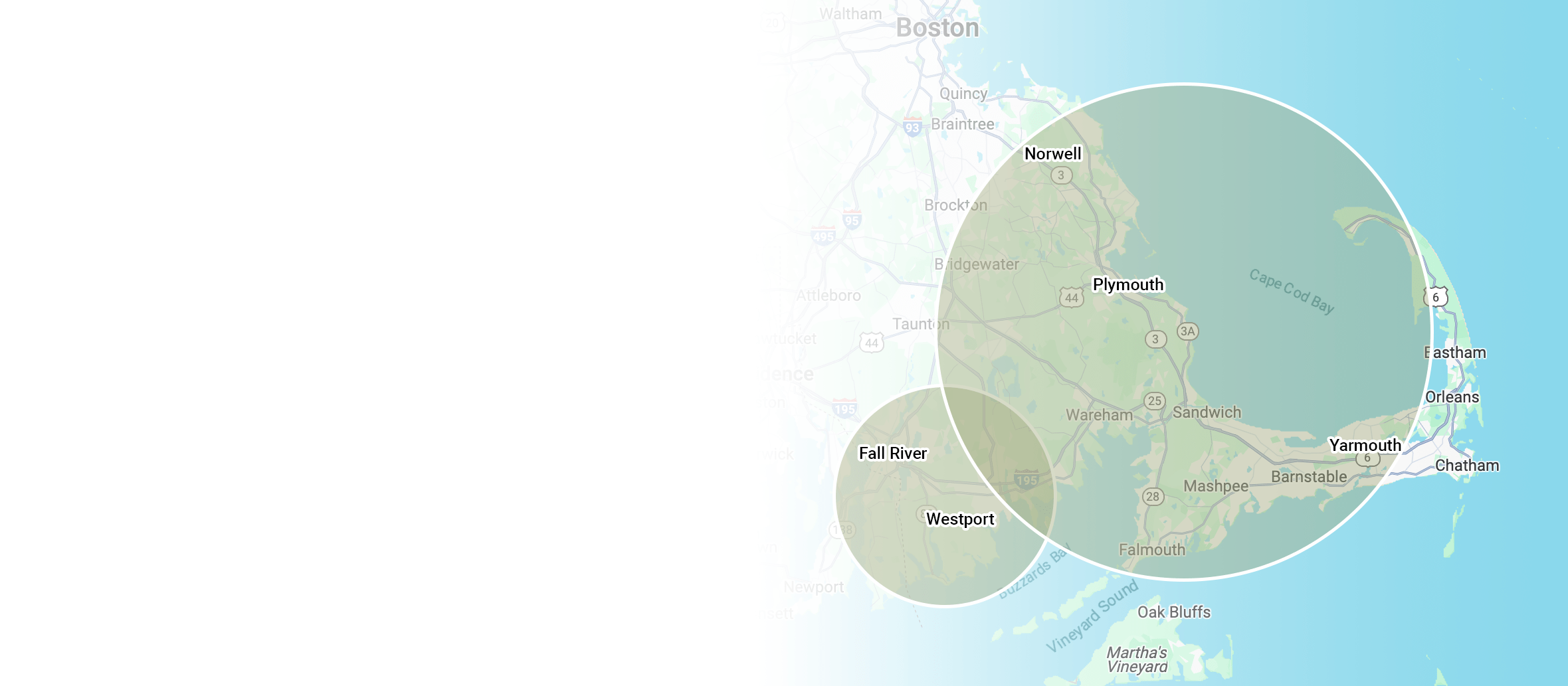Map highlighting southeastern Massachusetts, including Boston, Plymouth, Fall River, and Cape Cod Bay areas. Circular overlays focus on specific regions.