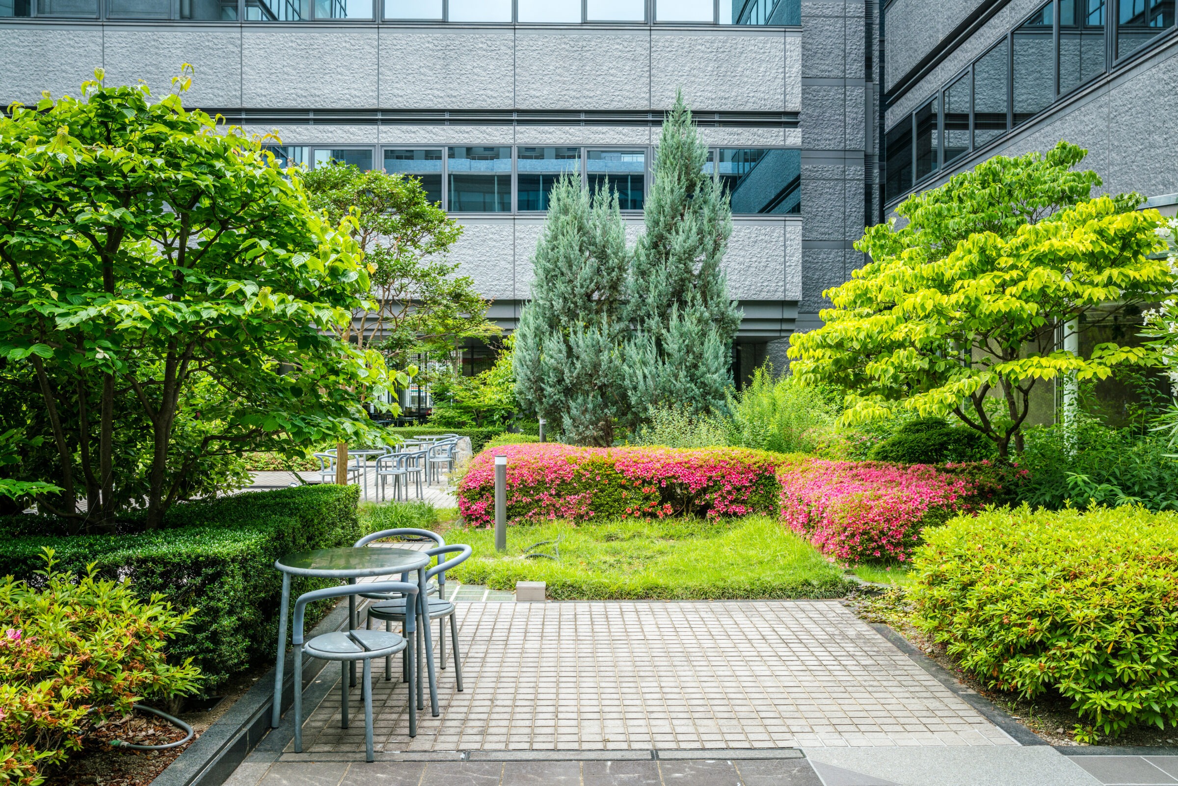 Modern courtyard garden with vibrant greenery and colorful shrubs, surrounded by a gray building. Empty metal chairs and tables sit along pathways.