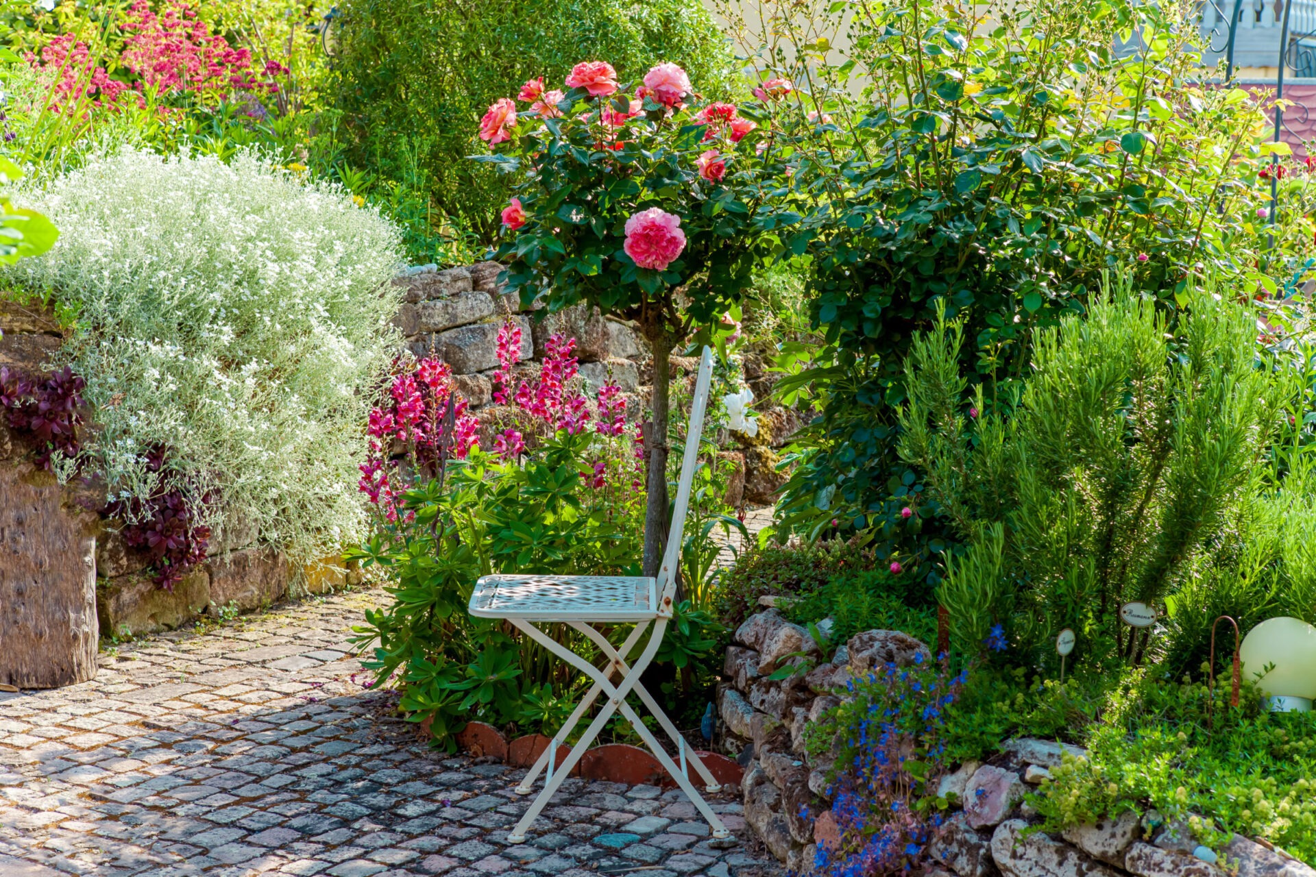 A calm garden with lots of greenery and flowers surrounding a small chair.