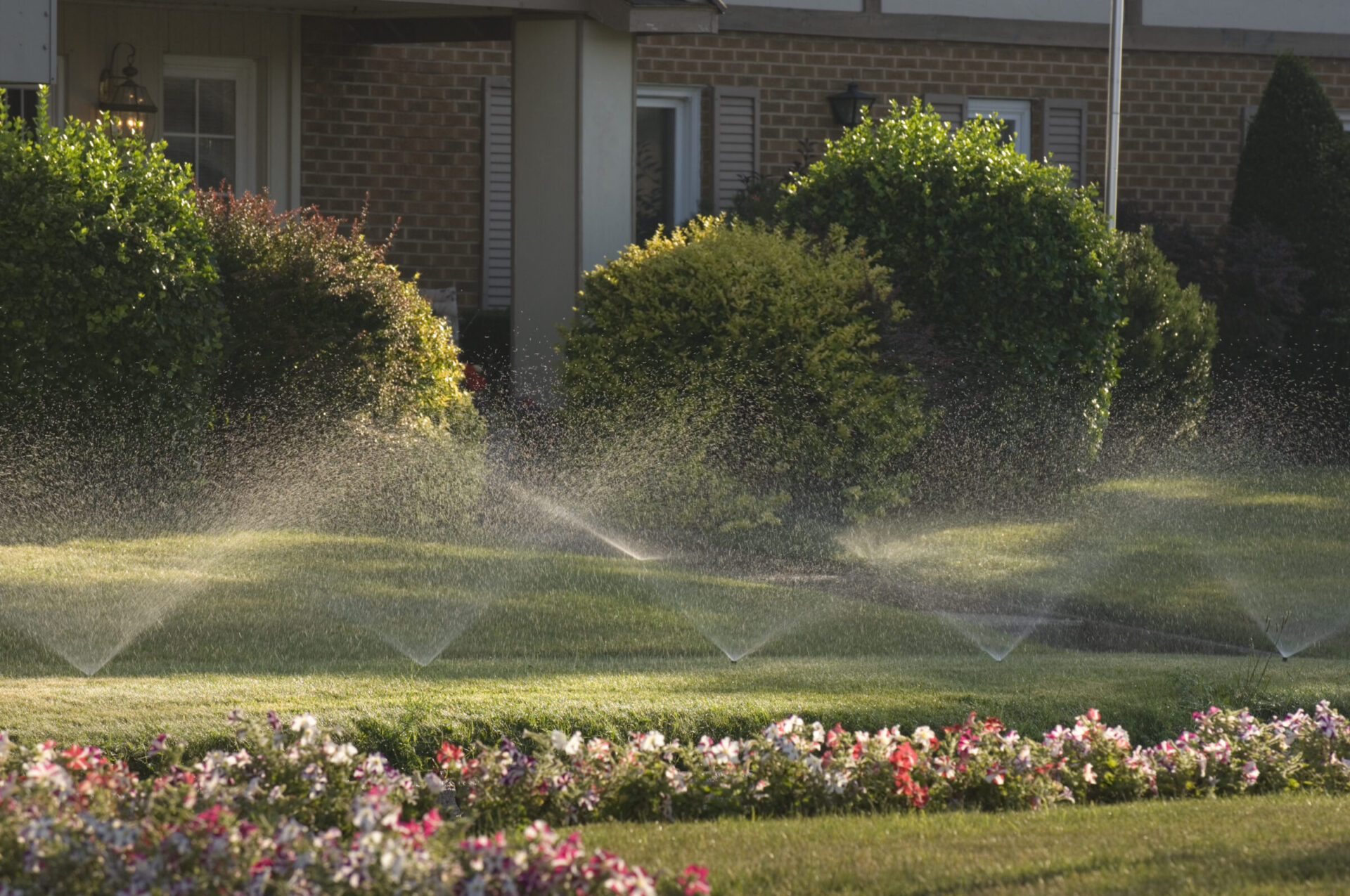 Sprinklers watering a lush, green garden in front of a house, surrounded by colorful flowers and neatly trimmed bushes.