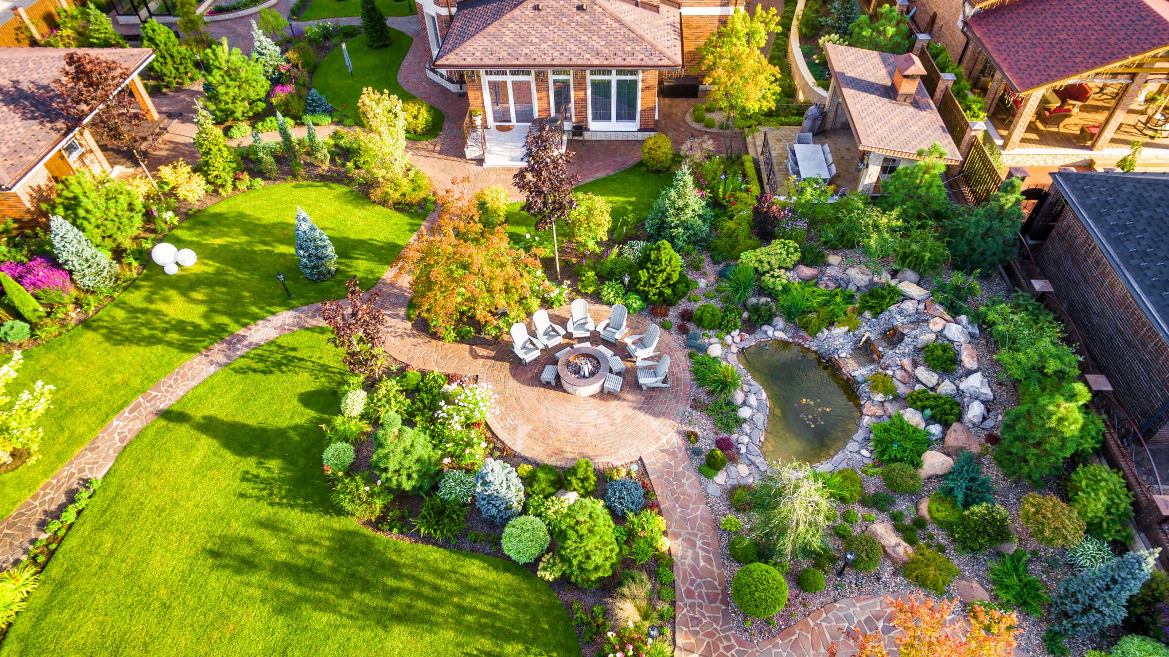 An aerial view of a garden in the daytime.