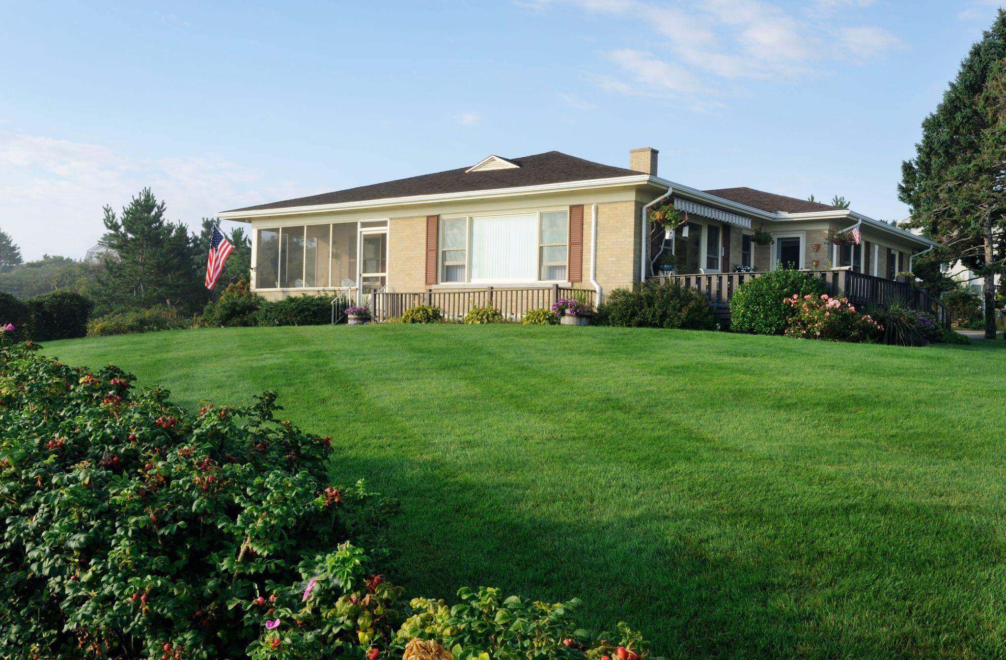 Coastal home with green lawn and flowering shrubs